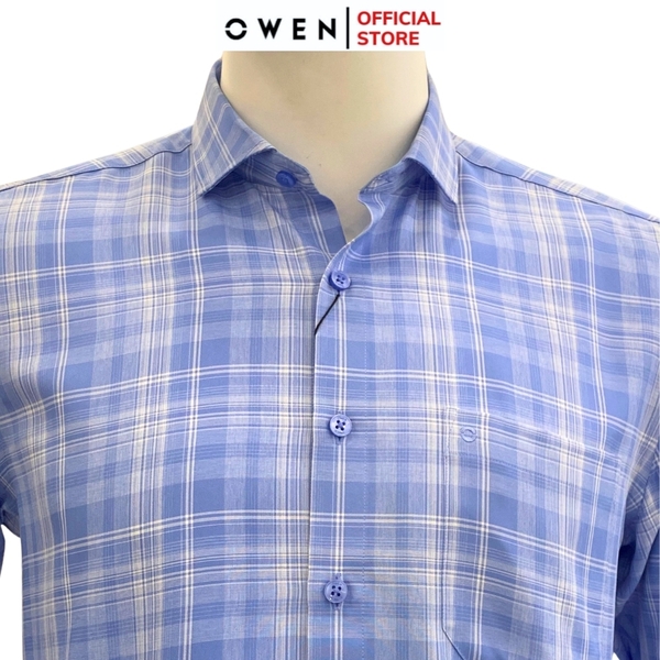 Áo Sơ Mi Nam Tay Dài Owen AR221052DT Kẻ caro xanh trắng Dáng Regular Fit Tà Lượn Có Túi Vải Nano