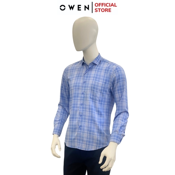 Áo Sơ Mi Nam Tay Dài Owen AR221052DT Kẻ caro xanh trắng Dáng Regular Fit Tà Lượn Có Túi Vải Nano