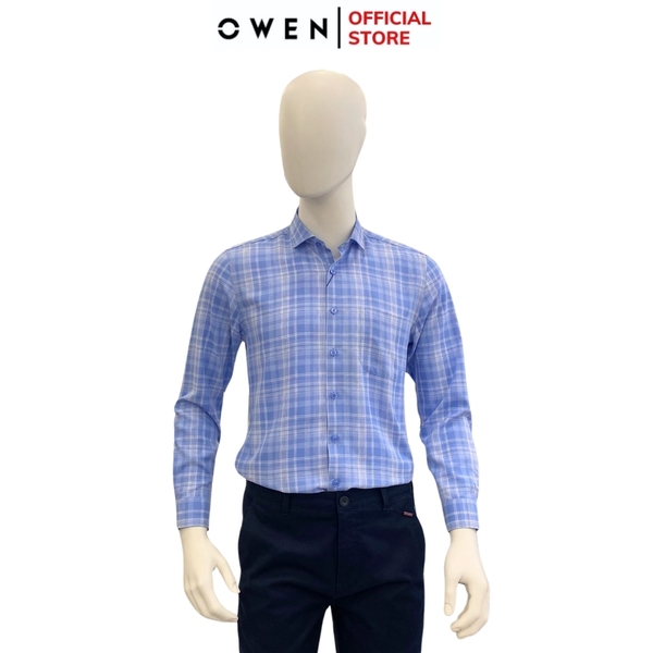 Áo Sơ Mi Nam Tay Dài Owen AR221052DT Kẻ caro xanh trắng Dáng Regular Fit Tà Lượn Có Túi Vải Nano