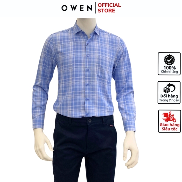 Áo Sơ Mi Nam Tay Dài Owen AR221052DT Kẻ caro xanh trắng Dáng Regular Fit Tà Lượn Có Túi Vải Nano