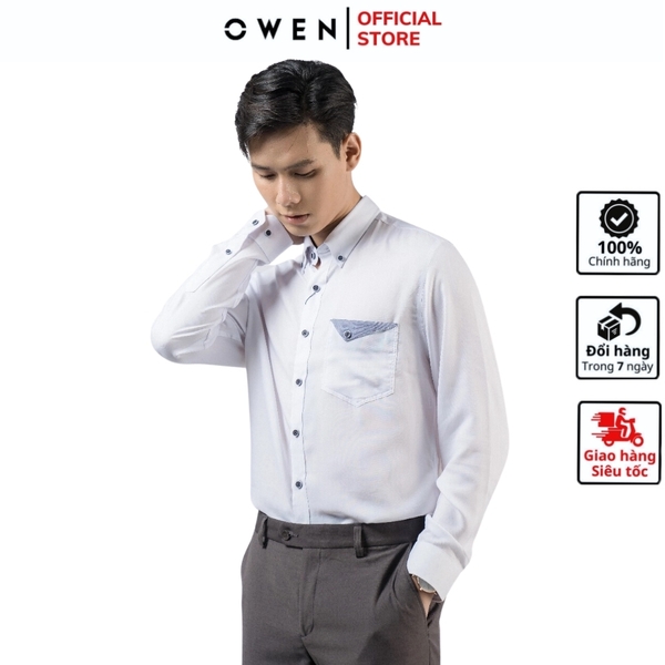 Áo Sơ Mi Nam Tay Dài Owen AR220134DT màu oxford trắng Dáng Regular fit chất liệu sợi tre
