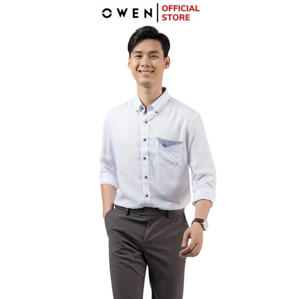Áo Sơ Mi Nam Tay Dài Owen AR220134DT màu oxford trắng Dáng Regular fit chất liệu sợi tre
