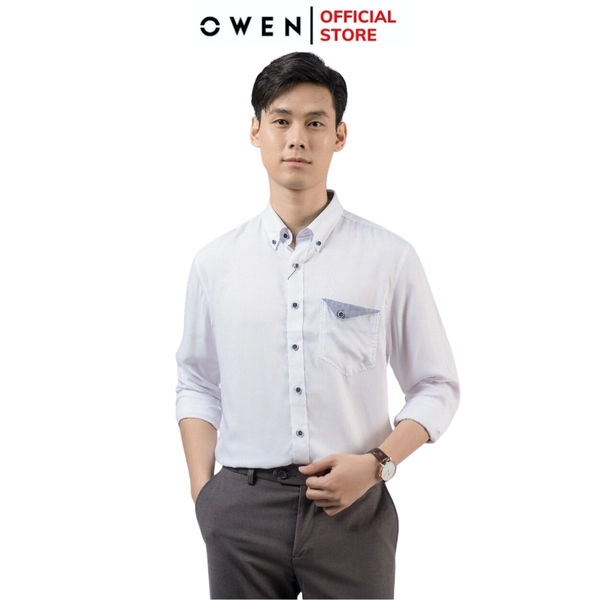Áo Sơ Mi Nam Tay Dài Owen AR220134DT màu oxford trắng Dáng Regular fit chất liệu sợi tre
