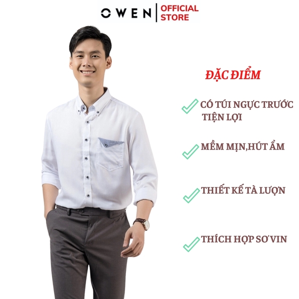 Áo Sơ Mi Nam Tay Dài Owen AR220134DT màu oxford trắng Dáng Regular fit chất liệu sợi tre