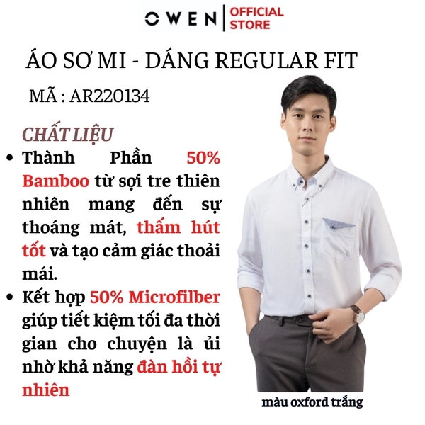 Áo Sơ Mi Nam Tay Dài Owen AR220134DT màu oxford trắng Dáng Regular fit chất liệu sợi tre