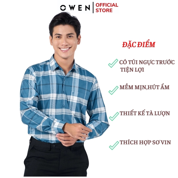 Áo Sơ Mi Nam Tay Dài Owen AR220876DT Kẻ caro lớn xanh trắng Dáng Regular Fit Tà Lượn Có Túi Vải café