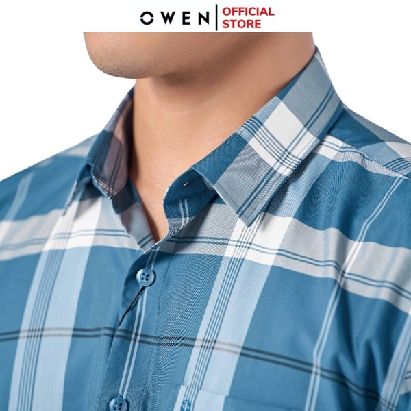 Áo Sơ Mi Nam Tay Dài Owen AR220876DT Kẻ caro lớn xanh trắng Dáng Regular Fit Tà Lượn Có Túi Vải café