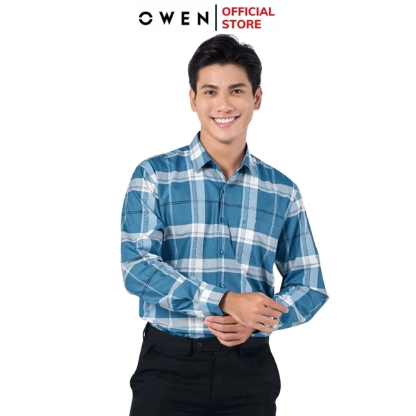 Áo Sơ Mi Nam Tay Dài Owen AR220876DT Kẻ caro lớn xanh trắng Dáng Regular Fit Tà Lượn Có Túi Vải café
