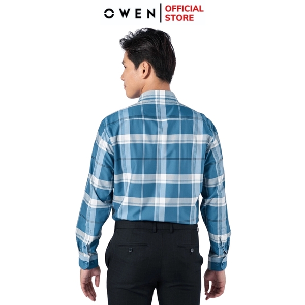 Áo Sơ Mi Nam Tay Dài Owen AR220876DT Kẻ caro lớn xanh trắng Dáng Regular Fit Tà Lượn Có Túi Vải café