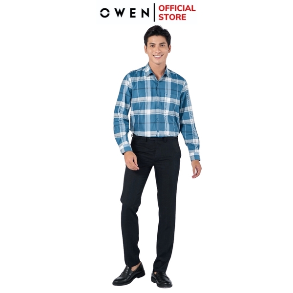 Áo Sơ Mi Nam Tay Dài Owen AR220876DT Kẻ caro lớn xanh trắng Dáng Regular Fit Tà Lượn Có Túi Vải café