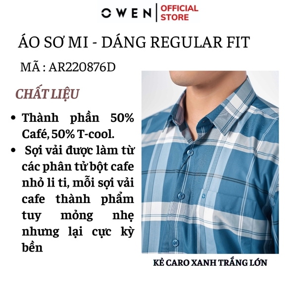Áo Sơ Mi Nam Tay Dài Owen AR220876DT Kẻ caro lớn xanh trắng Dáng Regular Fit Tà Lượn Có Túi Vải café