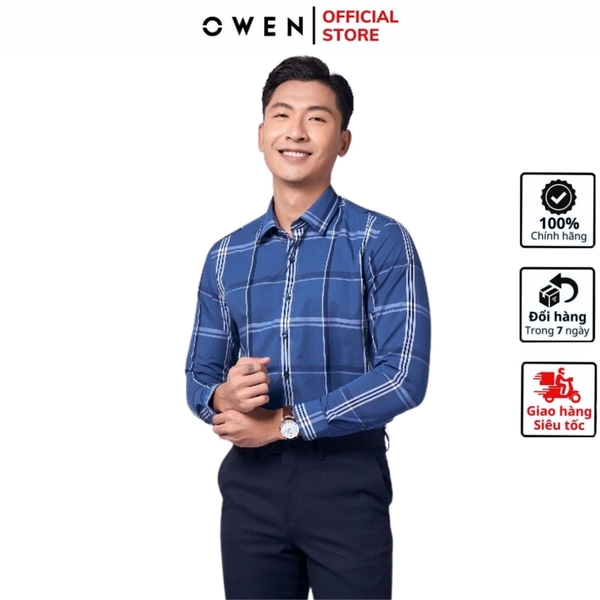 Áo Sơ Mi Nam Tay Dài Owen AS220950D màu kẻ caro xanh navy trắng Dáng Slim Fit Tà Lượn Không Túi Vải Sợi Tre