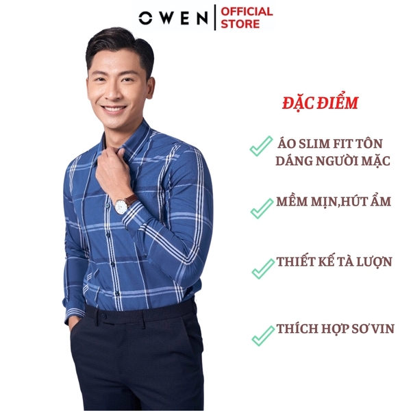 Áo Sơ Mi Nam Tay Dài Owen AS220950D màu kẻ caro xanh navy trắng Dáng Slim Fit Tà Lượn Không Túi Vải Sợi Tre