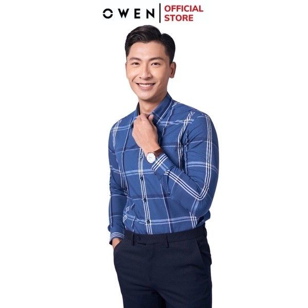 Áo Sơ Mi Nam Tay Dài Owen AS220950D màu kẻ caro xanh navy trắng Dáng Slim Fit Tà Lượn Không Túi Vải Sợi Tre