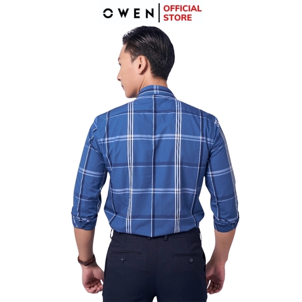 Áo Sơ Mi Nam Tay Dài Owen AS220950D màu kẻ caro xanh navy trắng Dáng Slim Fit Tà Lượn Không Túi Vải Sợi Tre
