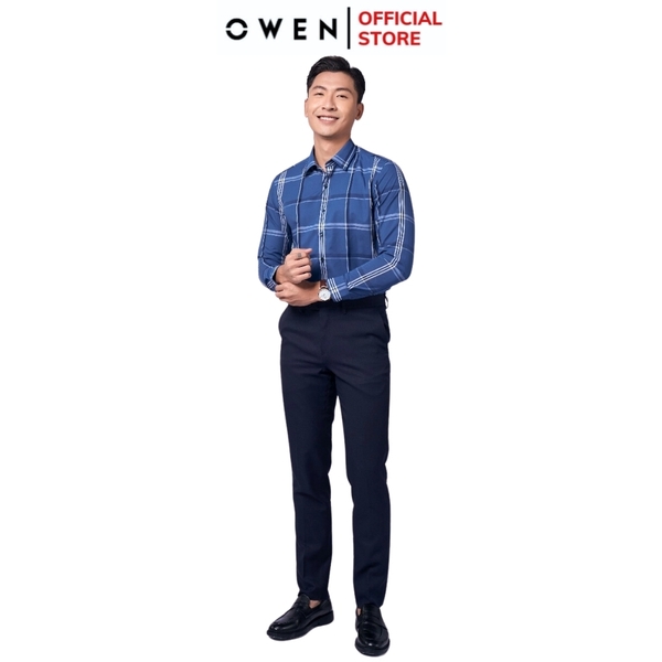 Áo Sơ Mi Nam Tay Dài Owen AS220950D màu kẻ caro xanh navy trắng Dáng Slim Fit Tà Lượn Không Túi Vải Sợi Tre