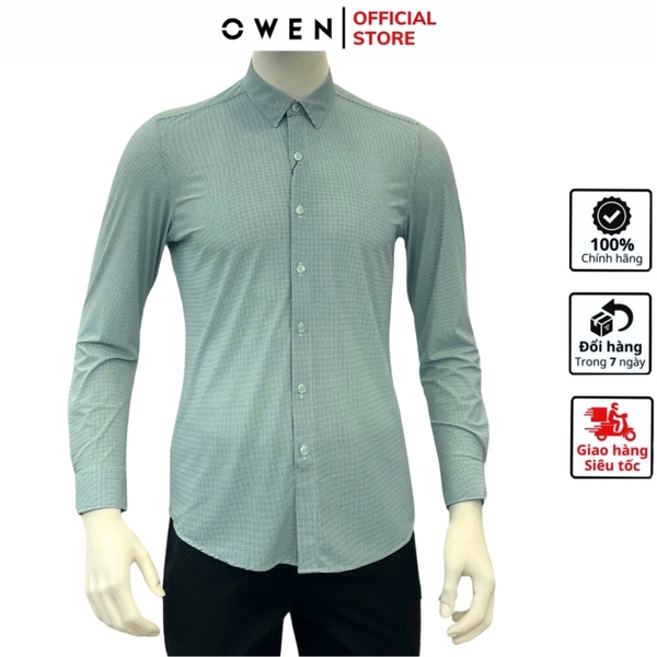 Áo Sơ Mi Nam Tay Dài Owen AS230520D màu kẻ caro xanh lá dáng slim fit tà lượn không túi chất liệu knit
