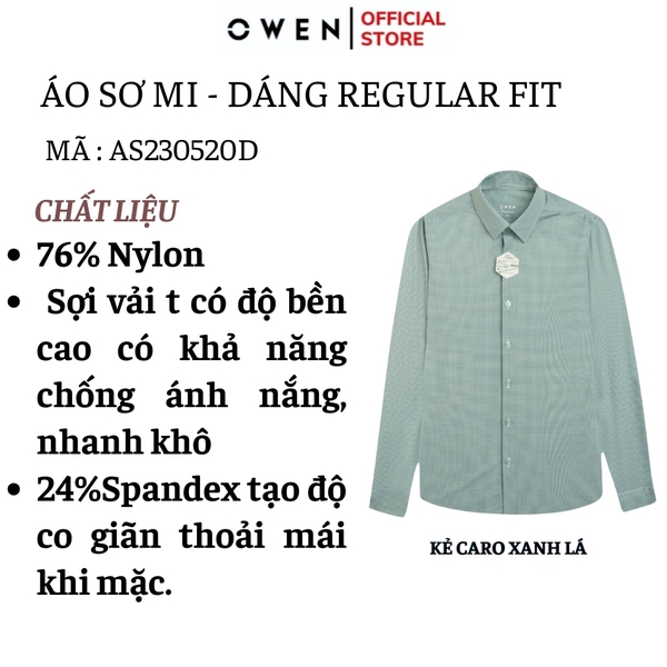 Áo Sơ Mi Nam Tay Dài Owen AS230520D màu kẻ caro xanh lá dáng slim fit tà lượn không túi chất liệu knit