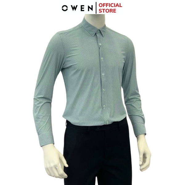 Áo Sơ Mi Nam Tay Dài Owen AS230520D màu kẻ caro xanh lá dáng slim fit tà lượn không túi chất liệu knit