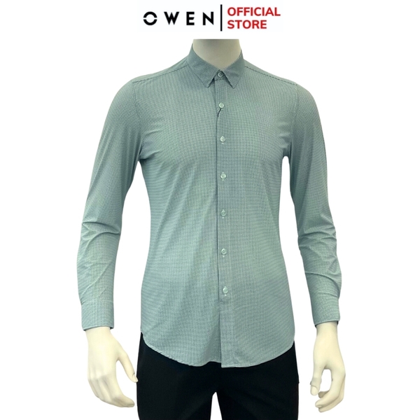 Áo Sơ Mi Nam Tay Dài Owen AS230520D màu kẻ caro xanh lá dáng slim fit tà lượn không túi chất liệu knit
