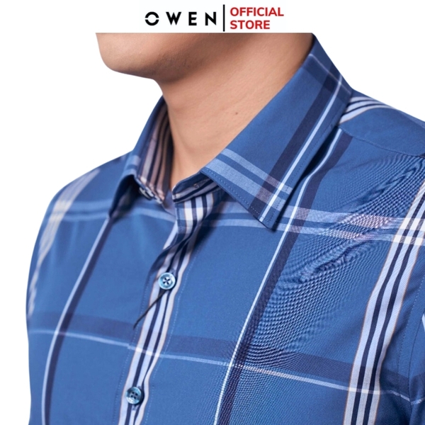 Áo Sơ Mi Nam Tay Dài Owen AS220950D màu kẻ caro xanh navy trắng Dáng Slim Fit Tà Lượn Không Túi Vải Sợi Tre