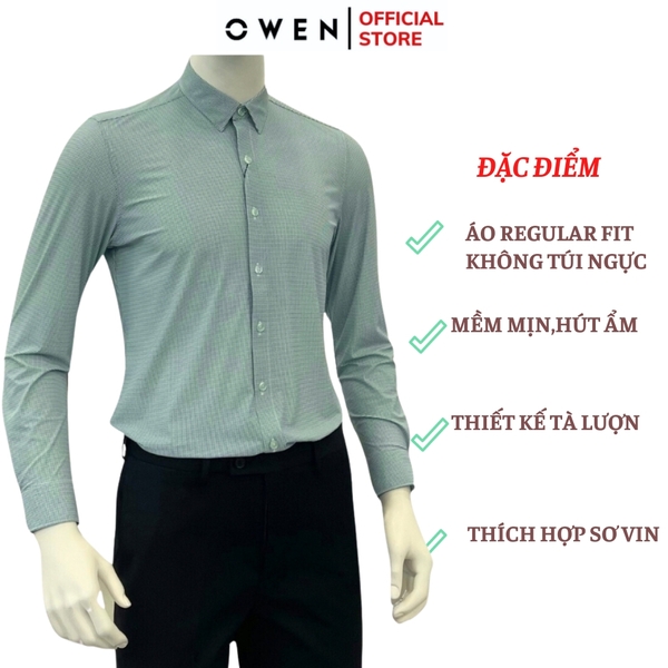 Áo Sơ Mi Nam Tay Dài Owen AS230520D màu kẻ caro xanh lá dáng slim fit tà lượn không túi chất liệu knit