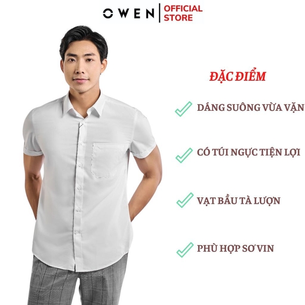 Áo Sơ Mi Trắng Nam Tay Ngắn Owen AR230328NT (AR240102NT) màu trắng dáng regular fit tà lượn có túi vải sợi sồi
