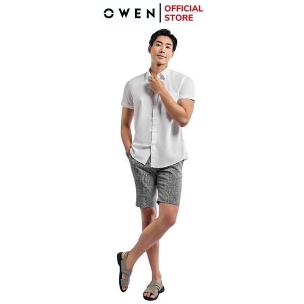 Áo Sơ Mi Trắng Nam Tay Ngắn Owen AR230328NT (AR240102NT) màu trắng dáng regular fit tà lượn có túi vải sợi sồi