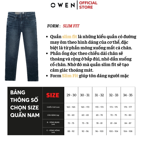 Quần Jean Nam Owen Quần Bò Nam QJS231895 màu xanh đậm trơn dáng slim fit chất liệu denim cotton spandex