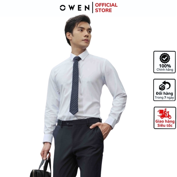 Áo Sơ Mi Trắng Nam Tay Dài Owen AS221199D (AS230329D-AS240103D) Dáng Slim Fit Không Túi Ngực Màu Trắng Trơn Vải Sợi Sồi