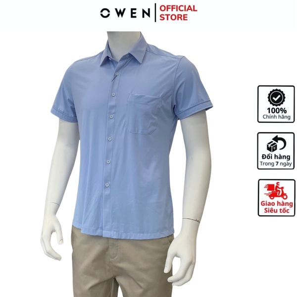 Áo Sơ Mi Nam Tay Ngắn Owen AB230102NT màu xanh tím nhạt dáng suông tà bằng có túi chất liệu Knit