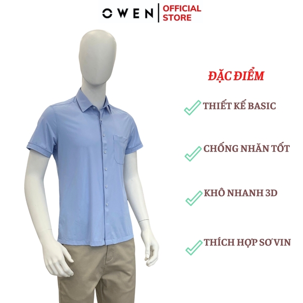 Áo Sơ Mi Nam Tay Ngắn Owen AB230102NT màu xanh tím nhạt dáng suông tà bằng có túi chất liệu Knit