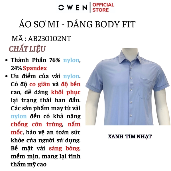 Áo Sơ Mi Nam Tay Ngắn Owen AB230102NT màu xanh tím nhạt dáng suông tà bằng có túi chất liệu Knit