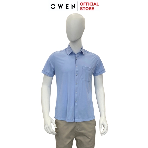 Áo Sơ Mi Nam Tay Ngắn Owen AB230102NT màu xanh tím nhạt dáng suông tà bằng có túi chất liệu Knit