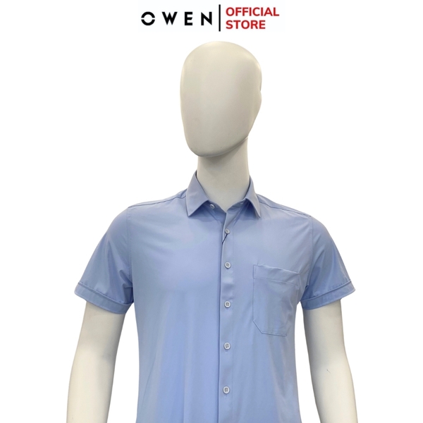 Áo Sơ Mi Nam Tay Ngắn Owen AB230102NT màu xanh tím nhạt dáng suông tà bằng có túi chất liệu Knit
