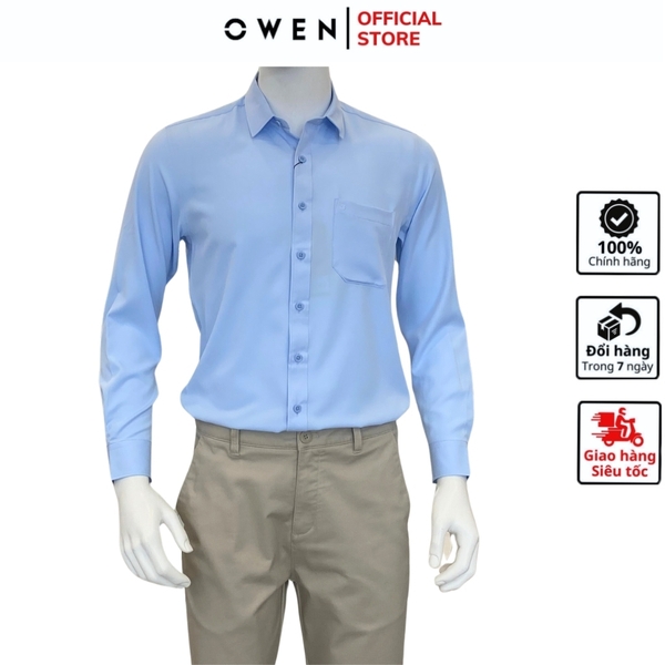 Áo Sơ Mi Nam Tay Dài Owen AR230018DT màu xanh nhạt trơn dáng suông tà lượn có túi chất liệu Nano