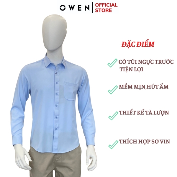 Áo Sơ Mi Nam Tay Dài Owen AR230018DT màu xanh nhạt trơn dáng suông tà lượn có túi chất liệu Nano