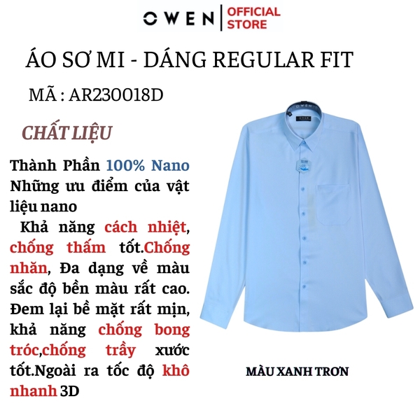 Áo Sơ Mi Nam Tay Dài Owen AR230018DT màu xanh nhạt trơn dáng suông tà lượn có túi chất liệu Nano