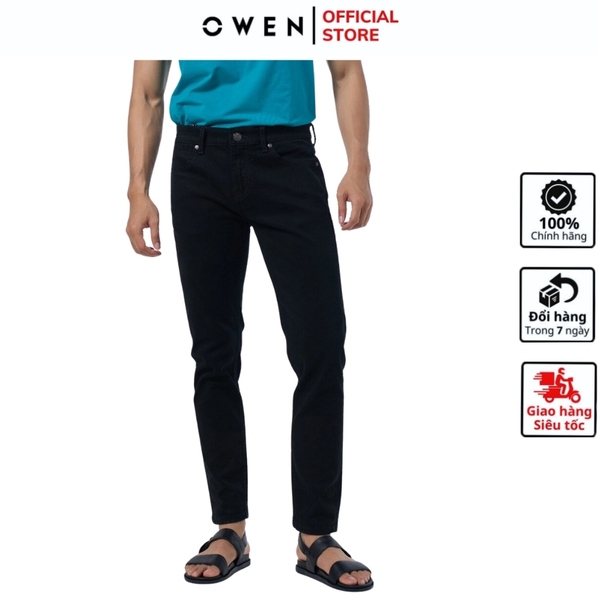 Quần Jean Nam Owen Quần Bò Nam QJS230157 màu đen trơn dáng slim fit Chất liệu Denim Cotton Spandex