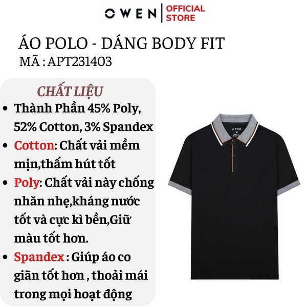 Áo Thun polo Nam Tay Ngắn Có Cổ Owen APT231403 màu đen  Dáng Body Fit vải cotton