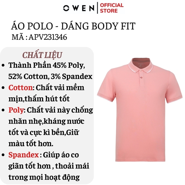 Áo Thun polo Nam Tay Ngắn Có Cổ Owen APV231346 màu hồng dáng body fit vải cotton