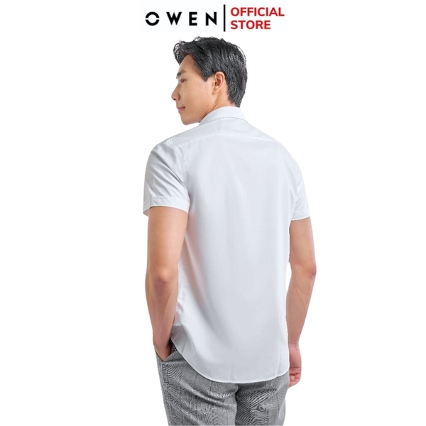 Áo Sơ Mi Trắng Nam Tay Ngắn Owen AS240104N (AS250320N) màu trắng trơn dáng ôm tà lượn không túi chất liệu sợi sồi
