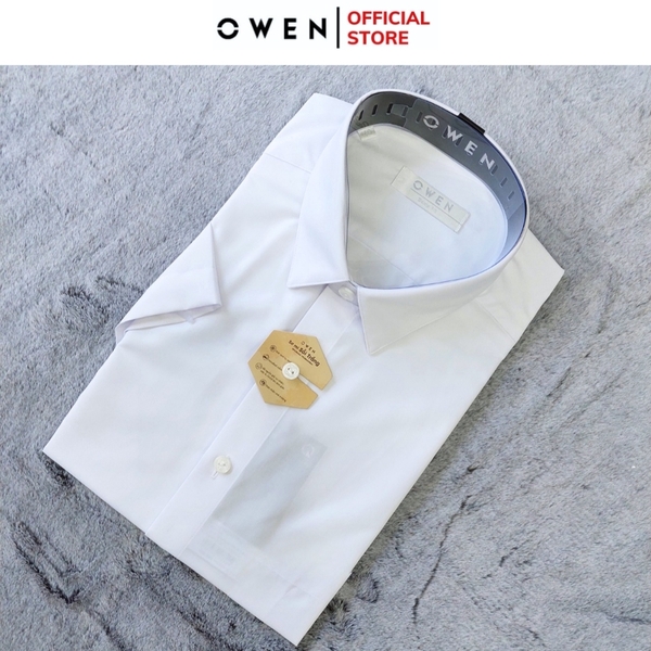 Áo Sơ Mi Trắng Nam Tay Ngắn Owen AS240104N (AS250320N) màu trắng trơn dáng ôm tà lượn không túi chất liệu sợi sồi