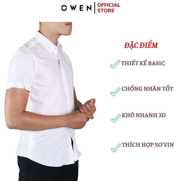 Áo Sơ Mi Trắng Nam Tay Ngắn Owen AS240104N (AS250320N) màu trắng trơn dáng ôm tà lượn không túi chất liệu sợi sồi