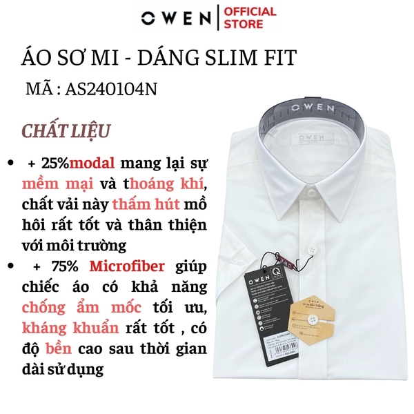 Áo Sơ Mi Trắng Nam Tay Ngắn Owen AS240104N (AS250320N) màu trắng trơn dáng ôm tà lượn không túi chất liệu sợi sồi