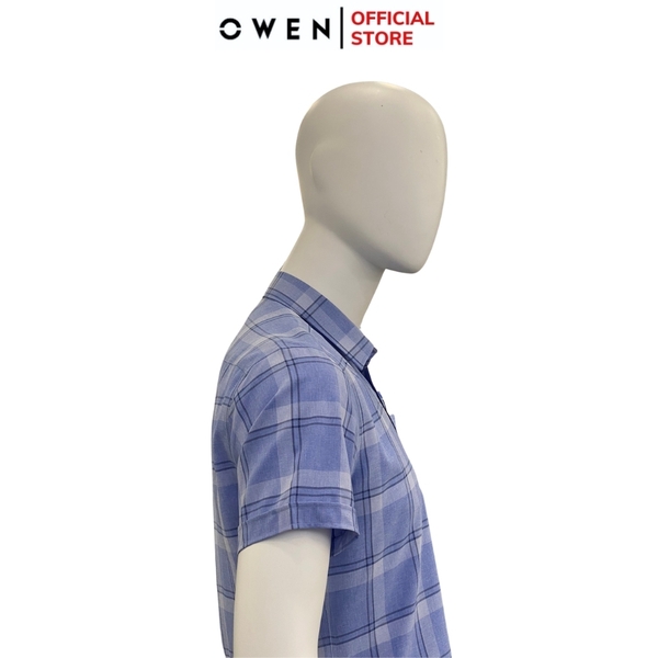 Áo Sơ Mi Nam Tay Ngắn Owen AR240025NT màu xanh tím kẻ caro dáng suông tà lượn có túi chất liệu nano