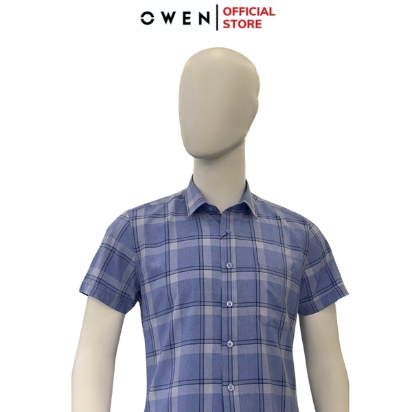Áo Sơ Mi Nam Tay Ngắn Owen AR240025NT màu xanh tím kẻ caro dáng suông tà lượn có túi chất liệu nano