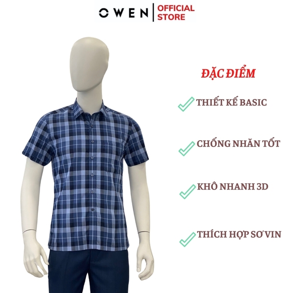 Áo Sơ Mi Nam Tay Ngắn Owen AB240012NT màu xanh dáng suông tà bằng có túi chất liệu sợi tre