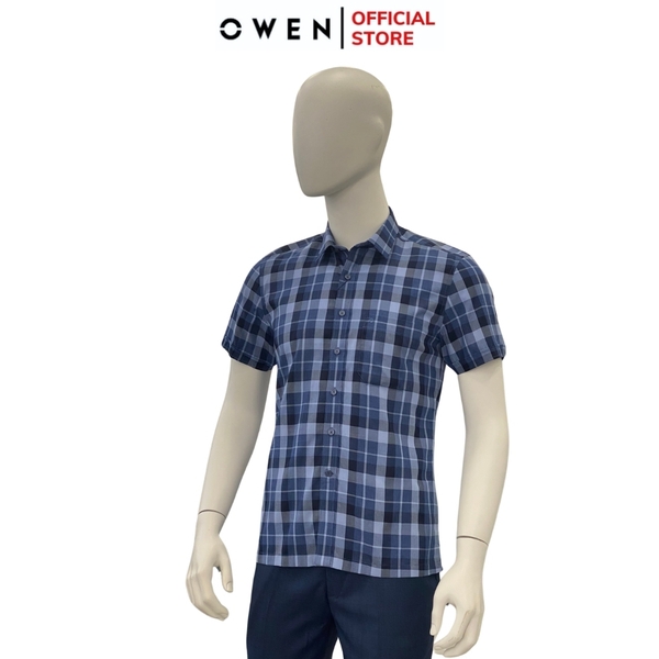 Áo Sơ Mi Nam Tay Ngắn Owen AB240012NT màu xanh dáng suông tà bằng có túi chất liệu sợi tre