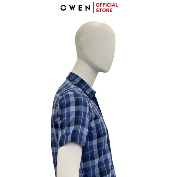 Áo Sơ Mi Nam Tay Ngắn Owen AB240012NT màu xanh dáng suông tà bằng có túi chất liệu sợi tre